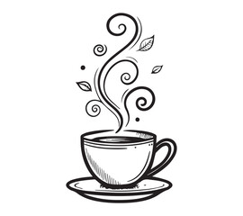 Black and white one line art icon drawing a coffee with white background
