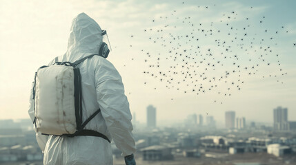 A lone figure in a hazmat suit stands on a rooftop, surveying a cityscape shrouded in an ominous swarm of insects. The sun casts a hazy glow on the scene, hinting at a post-apocalyptic world.