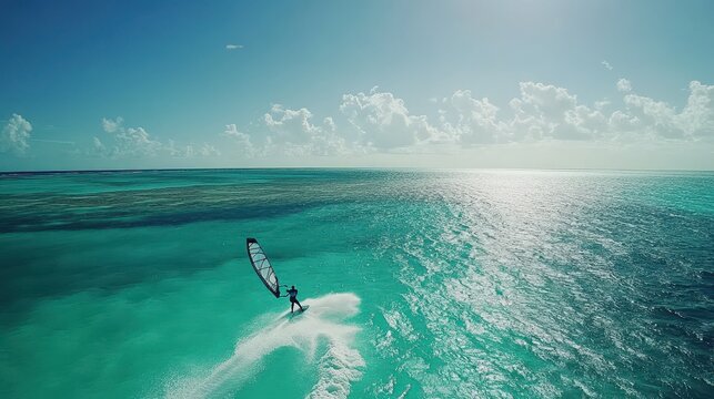 Windsurfer leaps over vibrant turquoise waters under a clear blue sky in a stunning seaside adventure