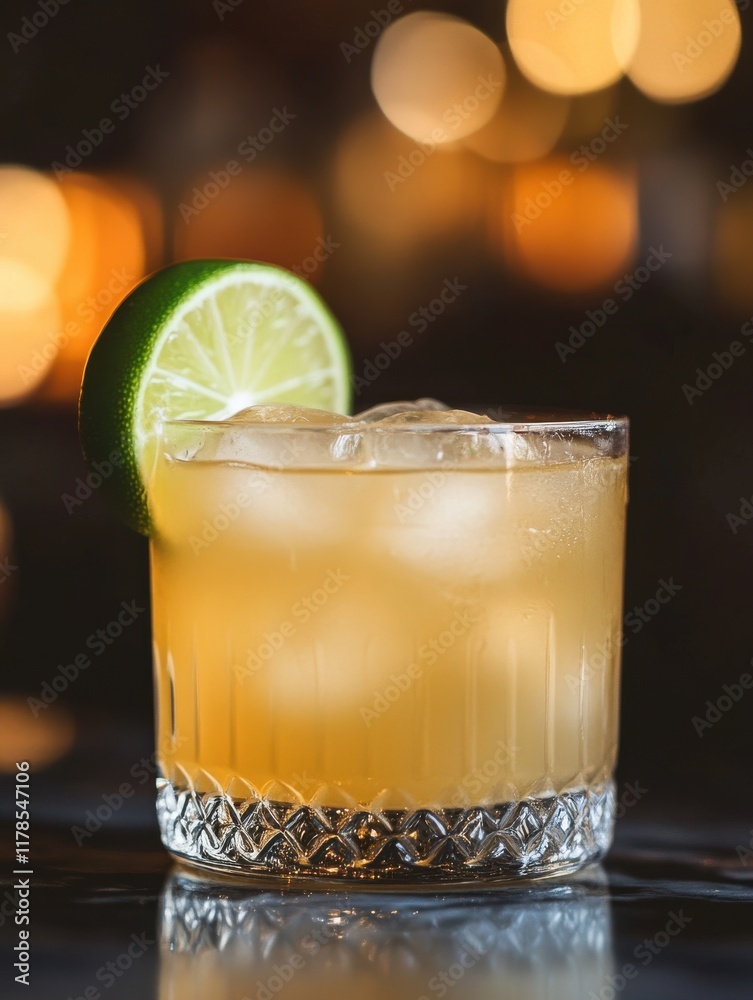 Poster refreshing close-up of a glass of lemonade with lime and ice on a warm summer day