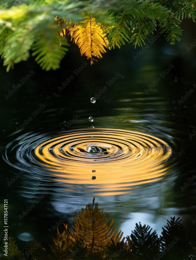Poster single droplet falls into still pond creating ripples and reflections in calm water