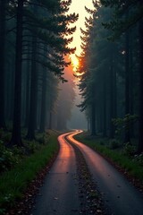 Forest road winding through the forest at dawn, darkness, morning, fading