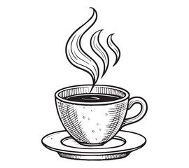 Black and white one line art icon drawing a coffee with white background
