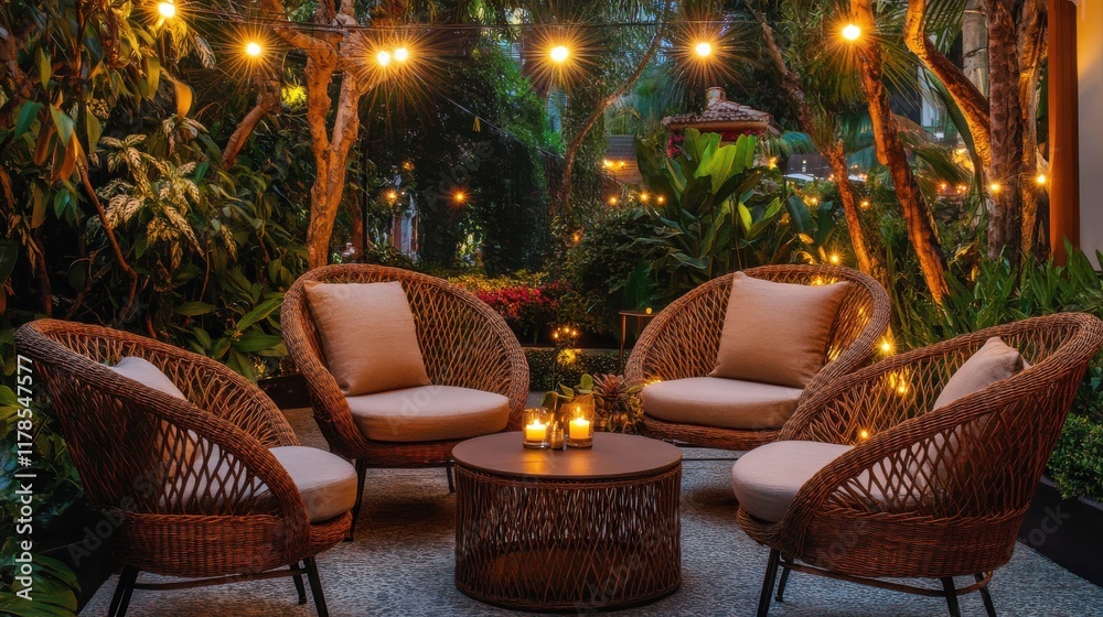Poster cozy outdoor lounge with rattan chairs and warm string lights creating a relaxed atmosphere at night