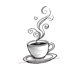 Black and white one line art icon drawing a coffee with white background