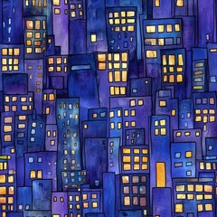Intricate doodle cartoon art showcasing urban skylines with glowing golden windows in deep blue and twilight purple hues