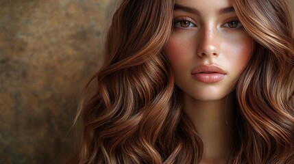 Fototapeta premium A close-up portrait of a woman with wavy hair and natural makeup against a textured background.