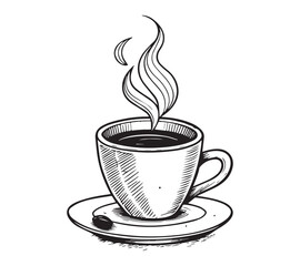 Black and white one line art icon drawing a coffee with white background