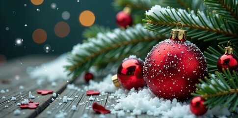 Naklejka premium Red Christmas ornament nestled among winter flowers, Greenery, Nature-Inspired Holiday, Pine Branches