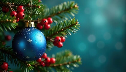 Naklejka premium Ornament on a Christmas tree branch with red berries, blue christmas, festive