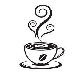 Black and white one line art icon drawing a coffee with white background