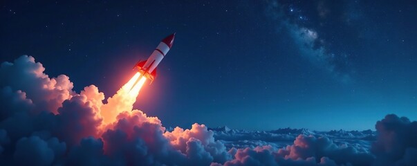 Obraz premium Rocket's trajectory illuminated against darkening blue background with stars twinkling in the distance, trajectory, stars