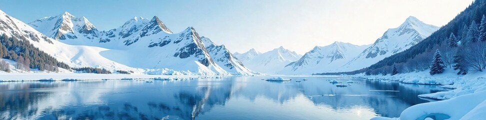 Obraz premium Snowy peaks overlooking a frozen lake with icy shores, icy, water, calm