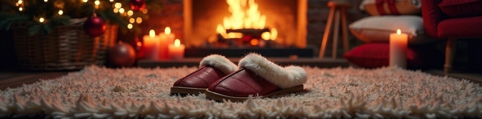 Cozy winter scene with fluffy slippers on a rug in front of fireplace, winter, crackling fire