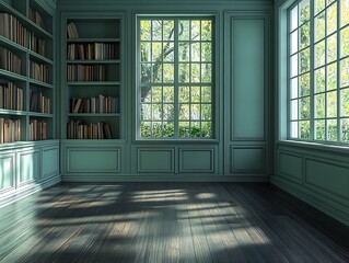 Obraz premium Sunlit Green Library with Hardwood Floor and Bookshelves