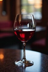 Rich burgundy liquid in a glass on a sleek table, red wine, evening