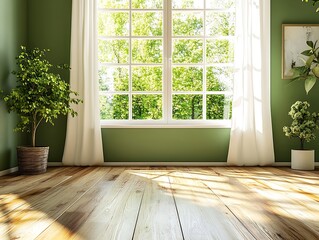 Sunlit Green Room Interior with Wood Floor and Plants