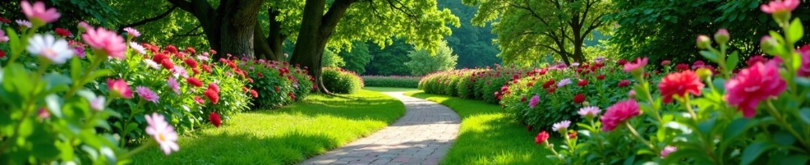 Obraz premium A meandering path winds through the garden, lined with blooming flowers and lush greenery, greenery, flowers, blooming