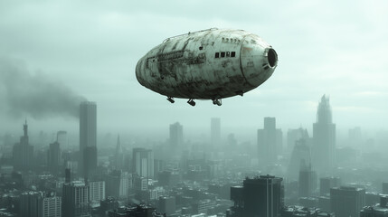 Abandoned Airship: A weathered airship hovers ominously above a smog-choked cityscape, a haunting symbol of a forgotten future.  