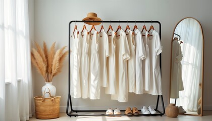 White summer clothes hang on rack in modern fashion atelier. Natural viscose, cotton fabrics featured in stylish apparel. Stylish mirror reflects clothing collection, displays sense of elegance.