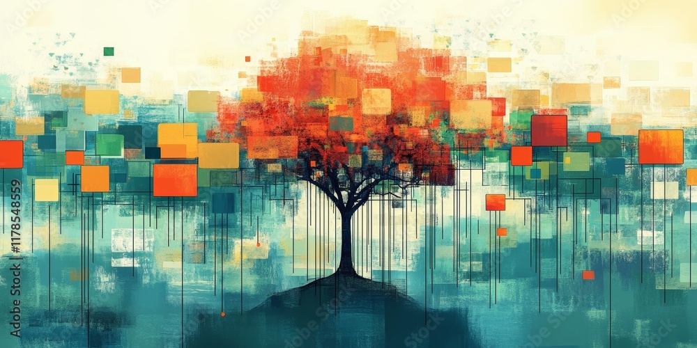 Poster this abstract artwork features a vibrant tree surrounded by colorful data blocks, representing the c