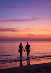 Fototapeta premium Romantic Couple Silhouette at Sunset on Beach Holding Hands Ocean View