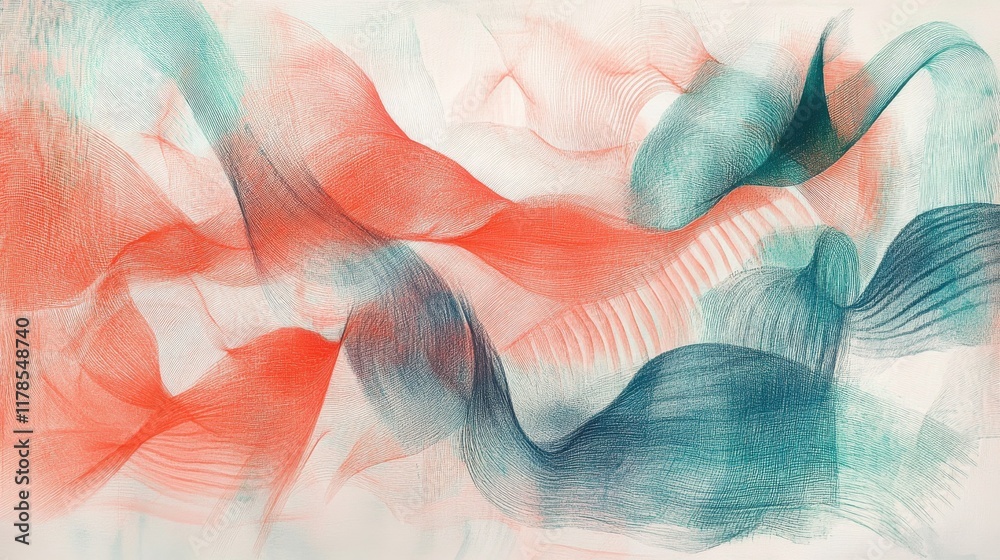 Aufkleber dynamic convergence of coral and teal pencil strokes creates depth and movement in an abstract compo