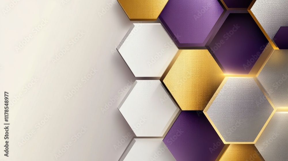 Fototapete sophisticated geometric design with overlapping hexagons in gold, silver, and deep purple under soft