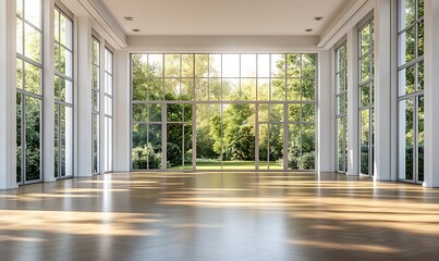 Obraz premium Sunlit Hallway with panoramic garden view