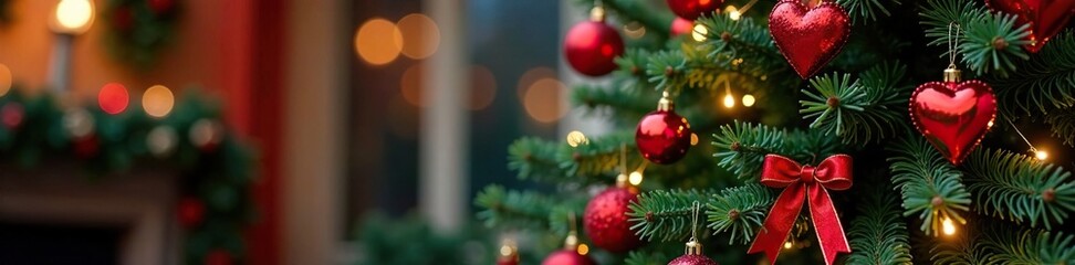 Naklejka premium Garlands and red heart decorations on decorated Christmas tree, Garlands, Colorful