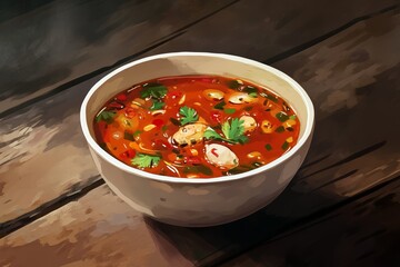 A vibrant bowl of flavorful soup featuring fresh vegetables and aromatic herbs, perfect for a comforting meal. Ideal for culinary presentations and recipes.