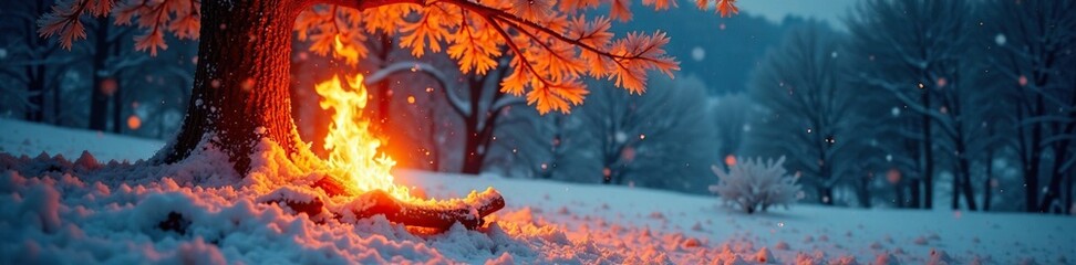 Glowing embers of a crackling fire dance beside a radiant golden tree, winter wonderland, cozy, frosty air