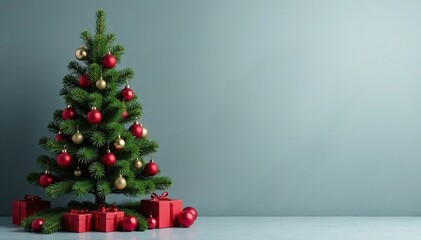 Ornamented fir tree against a soft muted gray background, holiday, gray, fir
