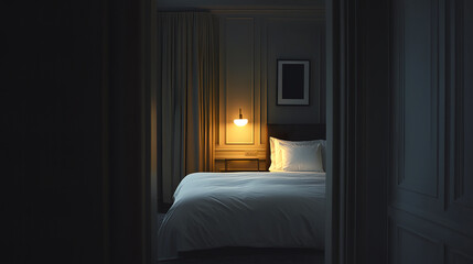 Fototapeta premium Cozy bedroom with warm lighting and plush bed in minimalist style