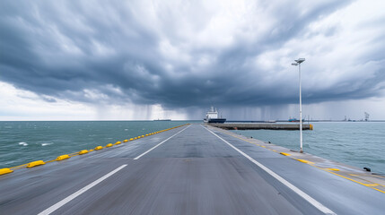 Stormy Seas Ahead: A dramatic coastal road stretches towards a tempestuous sky, rain lashing down on the water, creating a powerful image of nature's force. 