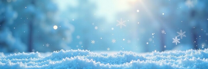 Naklejka premium Softly glowing snowflakes float in the pale blue sky, frozen world, wintry wonderland