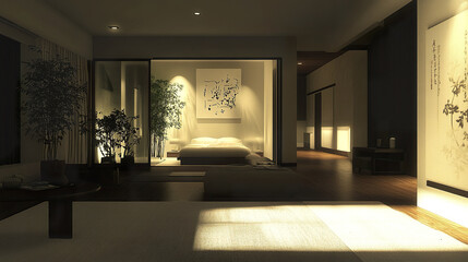 Minimalist bedroom with plush bed and soft lighting creates serene atmosphere