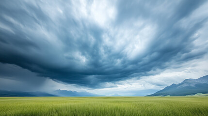 Obraz premium Stormy Skies Over a Lush Meadow: A dramatic landscape photograph capturing the raw power of nature with a vast, ominous storm cloud looming over a vibrant green meadow.