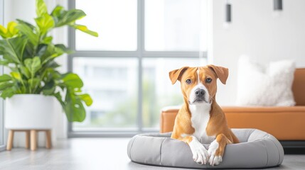 A stylish living room with a leather sofa, featuring a dog bed placed conveniently next to it, creating a comfortable and pet friendly space.