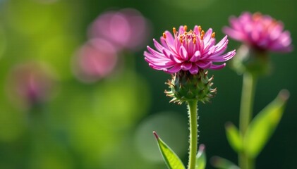 Obraz premium Small, spiny flower blooms on the end of a long stem, nature photography, garden flowers