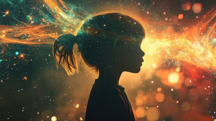Child immersed in a cosmic wonder illuminated by radiant stars and swirling trails of light