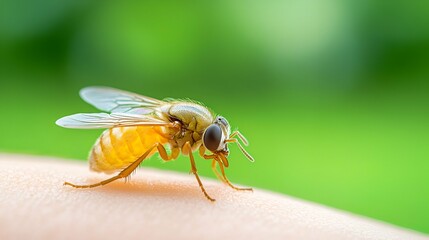 Close-up of an ant crawling on a finger with a few more ants nearby on the hand, showcasing small insects like ants, wasps, and mosquitoes in a natural wildlife setting