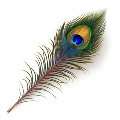 Fototapeta premium Vibrant peacock feather showcases intricate patterns on a clean white background