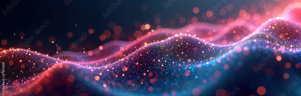 Poster Abstract digital background shows glowing particles creating wavy shapes. Dynamic pattern resembles flowing data energy. Vibrant colors blend into futuristic design. Suitable for tech, AI design