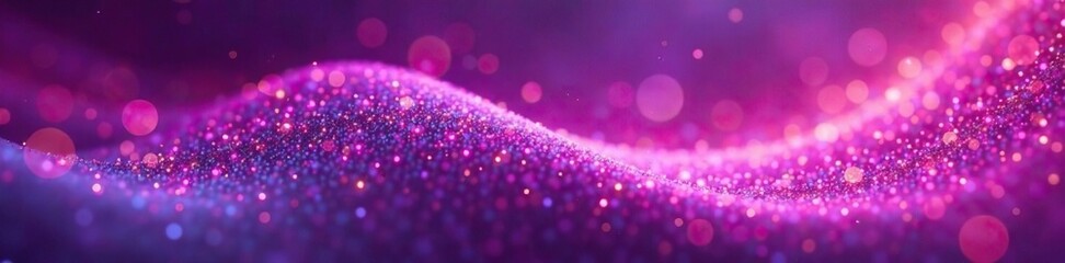 A flowing light wave with sparkling particles displays a soft purple and pink gradient, soft colors, glow
