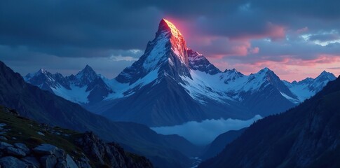 A single spotlight illuminates a majestic mountain peak in solitude, solitude, silence, spotlight