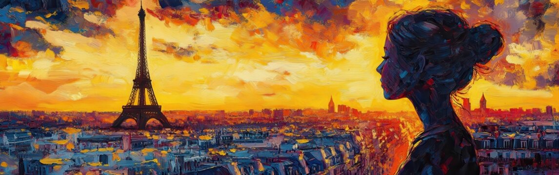 Silhouette of a woman glowing against Parisian rooftops and the Eiffel Tower at sunset - Powered by Adobe