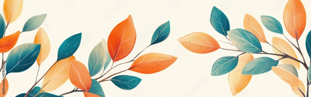 Poster vibrant arrangement of branches with colorful leaves against a soft cream background enhancing moder