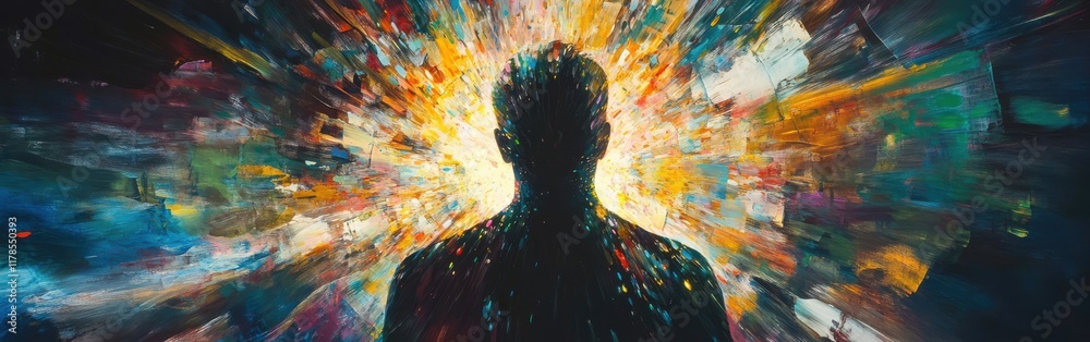 Aufkleber vibrant silhouette of a man illuminated by radiant glass patterns showcasing dynamic energy in a col