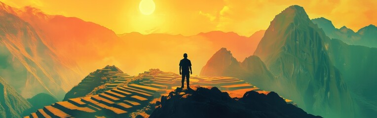 Silhouette of a man against glowing Incan terraces and mountain peaks bathed in golden sunlight